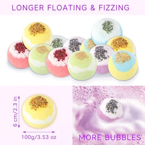 Bath Bombs for Women, USIN Natural Bubble Bath Balls Gift Set, Pack of 12 Pcs Multiple Bath Bomb, SPA Relaxing, Self Care, Gifts for Women, Men, Girls, Boys, Natural Flower Petals, 3.53 Oz Large Size