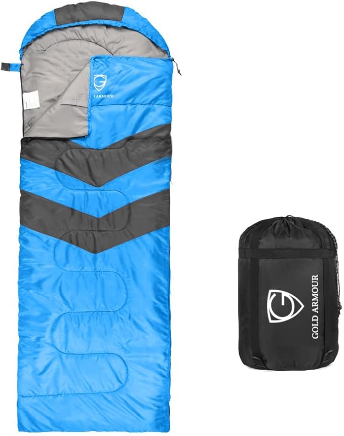 Gold Armour Sleeping Bags for Adults Cold Weather & Warm - Backpacking Camping Sleeping Bag for Kids 10-12, Girls, Boys - Lightweight Compact Camping Essentials Gear Accessories, Right Zipper