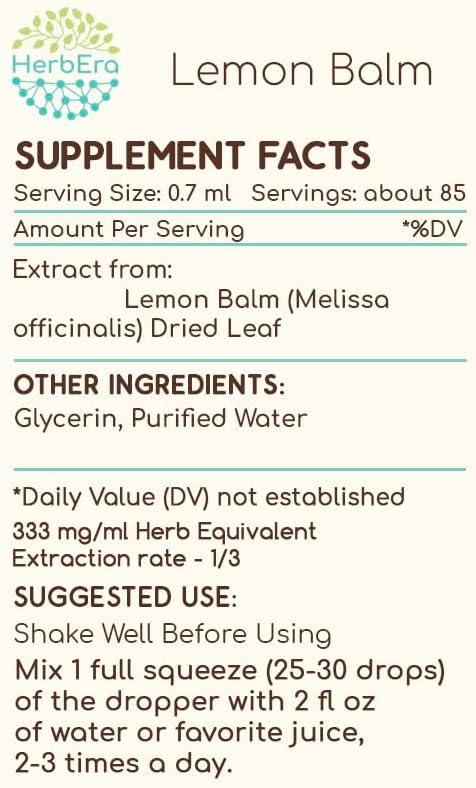 Lemon Balm B60 Alcohol-Free Herbal Extract Tincture, Concentrated Liquid Drops Natural Lemon Balm (Melissa officinalis) 2 fl oz