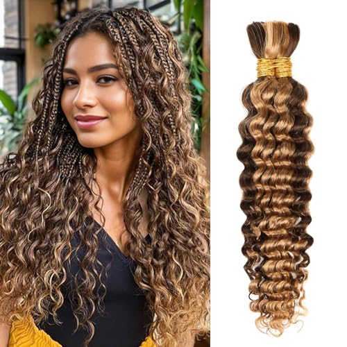 4/27 Honey Blonde Human Braiding Hair Deep Wave Bulk,Highlight No Weft Curly Hair Extensions for Boho Braids Wet and Wavy Braiding Human Hair Bundles(18inch,4/27,100g)