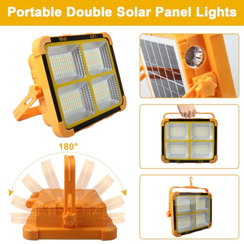 100W Double Solar Portable Work Light, 288 LEDs Rechargeable FloodLights Outdoor with Stand, 4 Light Modes, 12000mAH 10000LM Power Bank Waterproof Spotlight for Repairing, Emergency, Camping