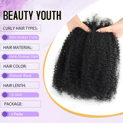 Afro Kinkys Bulk Human Hair 2 Bundles 16 Inch Black Afro Kinky-Curly Human Hair Bundles for Dreadlock Extensions Locs Repair 100% Human Hair 4C Curly for Mini Twist