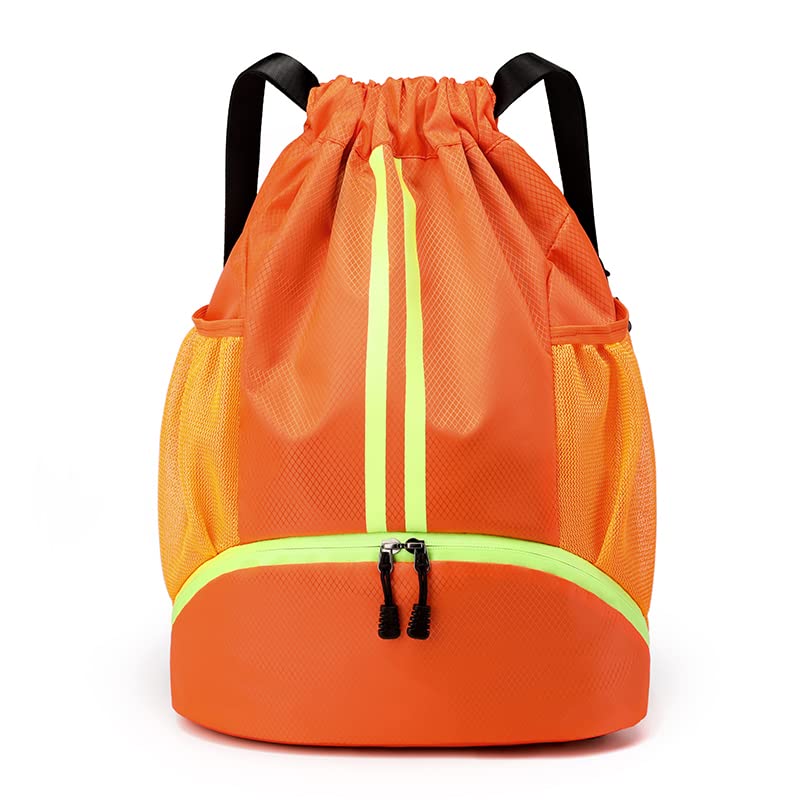 LOKAPEGY Drawstring Gym Bag for Men, Waterproof Drawstring Backpack for Women, Swim Bag with Shoes Compartment, Pull String Sport Bag for Soccer and Basketball. (Orange)