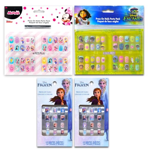 Encanto, Minnie Mouse, Frozen Press on Nails Set for Girls, Kids - Bundle with 3 Pack 100 +Stick on Nails Plus Stickers, More | Disney Dress Up Accessories
