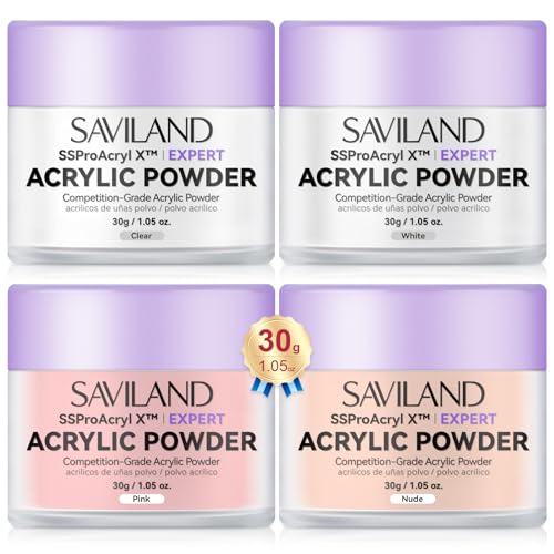 SAVILAND Acrylic Powder: 4PCS 1oz 30g Clear White Nudes Pink Colored Acrylic Nail Powder Keratin Acrylic Powder Set Professional Nail Powder for Nail Extension Carving 3D Nail Art Manicure Salon