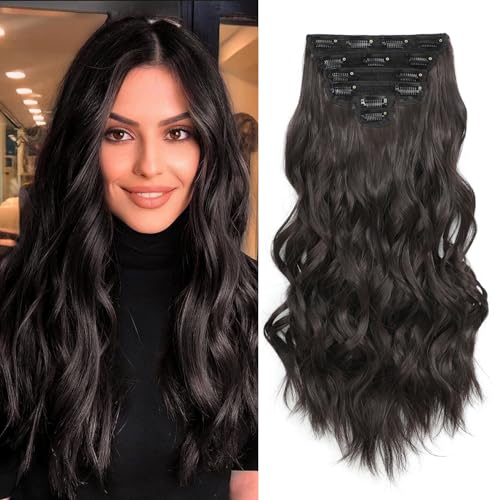 Clip in Hair Extensions, 6 PCS Natural & Soft Hair & Blends Well Hair Extensions, Dark Brown Long Wavy Hairpieces(20inch, 6pcs, Dark Brown)