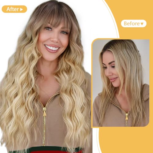 Blonde Wig with Bangs Long curly wavy Wig for Women Ombre wig with Brown root skin-friendly synthetic fiber for festival holiday Use 26IN