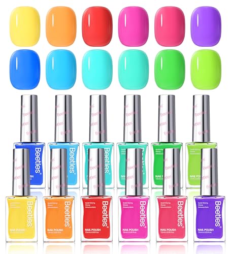 Beetles Neon Nail Polish Set - Quick Dry Nail Polish Kit 12 Colors Hot Pink Green Blue Yellow Red Regular Air Dry Fingernail Polish Pack for Women Gift Beetles Summer Cocktails 12 Colors