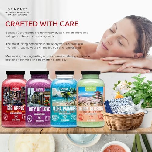 Hot Tub & Spa Aromatherapy Bath Salt Crystal Scents Spazazz Destinations Collection Bundle Aloha Paradise, Big Apple, City of Love, Cherry Blossom - Skin Moisturizer - Will Not Damage Spas & Hot Tubs