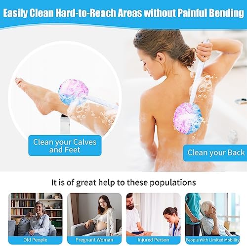 VANZAVANZU Loofah Sponge Set Loofah Exfoliating Body Scrubber, Anti-Slip Plastic 17" Handle Loofah on a Stick with Fluffy Shower Sponge, PE Soft Mesh Shower Loofahs-White with Blue Pink Edge