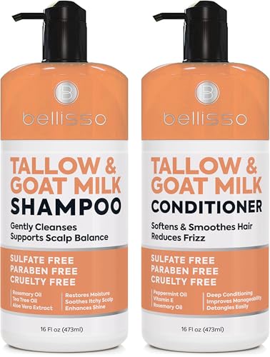 Beef Tallow Shampoo and Conditioner Set with Goat Milk - Sulfate Free Moisture for Women and Men - For Dry, Itchy Scalp - Hydrating, Thickening, Volume Care for Thinning Hair - 16.9 Fl Oz (Pack of 2)