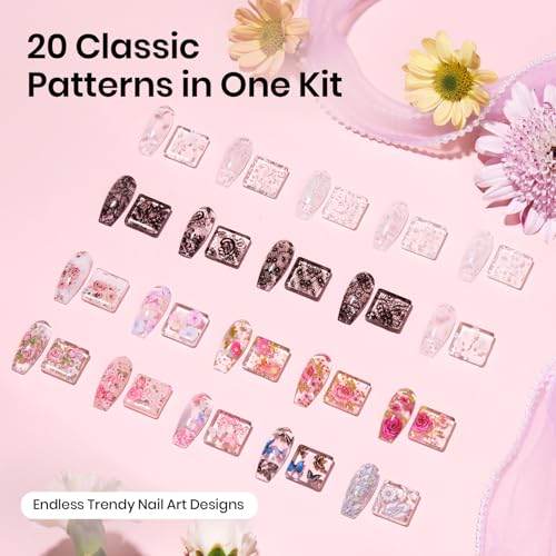 Beetles Nail Foil Glue Gel 2Pcs 15ml with 20 Pcs Lace Flower Butterfly Stickers Transfer White Black Lace Nail Foil Set, LED Lamp Soak Off DIY Manicure Gifts for Women