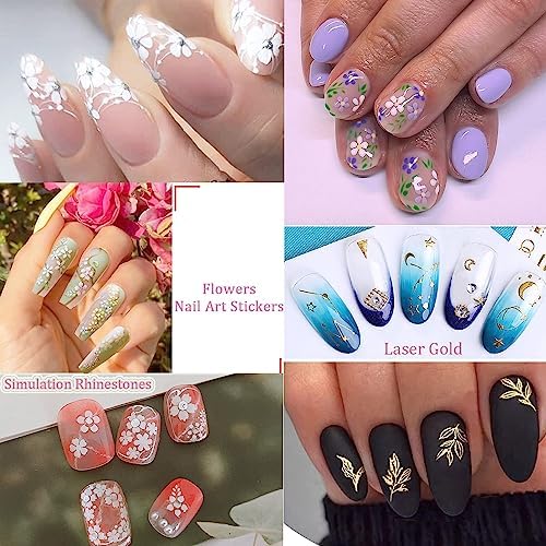 102 Sheets Nail Art Stickers & Storage Book,5200 Pieces 3D Self-Adhesive White Floral Nail Stickers with Rhinestones Designs, Multicolor Laser Gold Nail Decals for Women Girls DIY Manicure Decorations