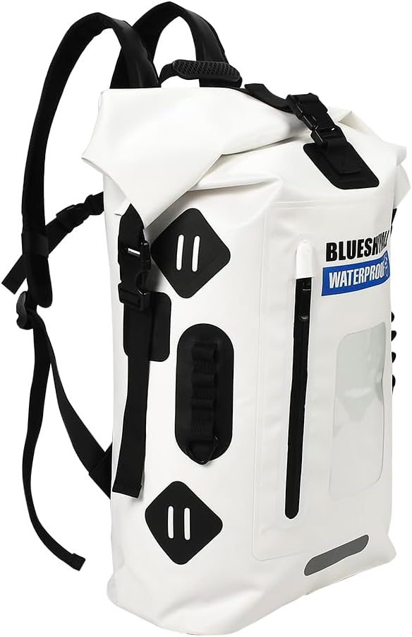 Blueshyhall 35L Waterproof Dry Backpack, Outdoor Travel Roll Top Closure Water Repellent Duffle Storage Sack for Kayaking Rafting Boating Fishing Camping and Beach - White