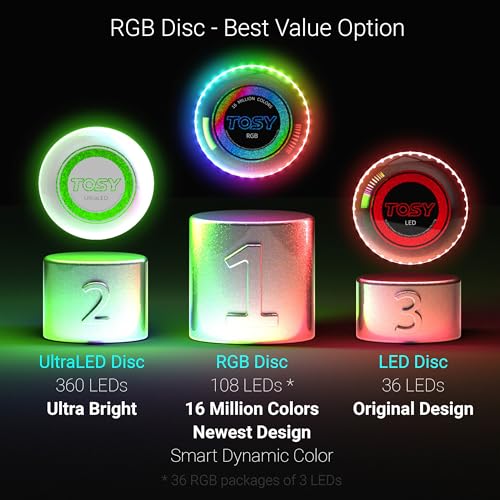 TOSY Flying Disc - 16 Million Color RGB or 36 or 360 LEDs, Extremely Bright, Smart Modes, Auto Light Up, Rechargeable, Birthday Gift, Easter Basket Stuffers for Men/Boys/Teens/Kids, 175g frisbee