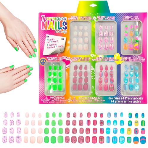 7 Day Manicure Collection - 84PC Press On Nail Set, Day-of-The-Week Adhesive False Nails for Girls (Set of Brights or Pastels) – Colorful Novelty Designs Stick On Nails for Kids