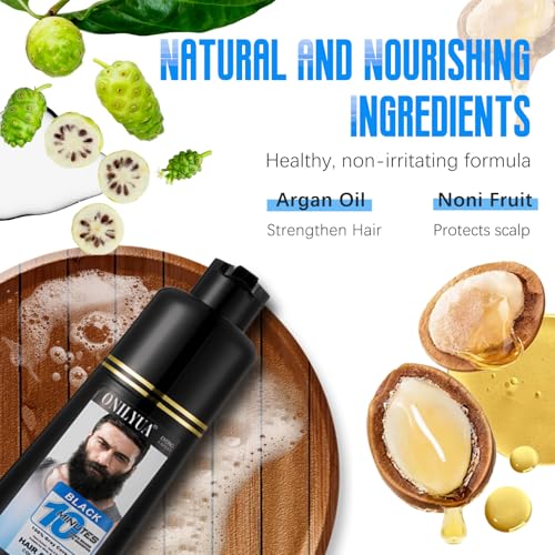 Mens Beard & Mustache Dye Shampoo, Instant 100% Grey Hair Coverage, 3 in 1 Black Beard Color Shampoo for Men Facial Hair, Easy to Use & Dermatologist Tested, 200ML