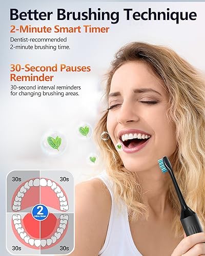 Electric Toothbrush for Adults, Sonic Toothbrush with 3 Intensity Levels & 5 Modes, One Charge for 90 Days, Rechargeable Electric Toothbrush with 6 Toothbrush Heads & 40,000 VPM Deep Clean(Black)