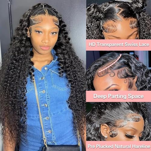 200 density 13x6 Water Wave Lace Front Wigs Human Hair Pre Plucked Glueless Wigs Human Hair Water Deep Cury HD Transparent 13x6 Full Lace Frontal Wigs Brazilian Virgin Hair Wigs Natural Black 28inch