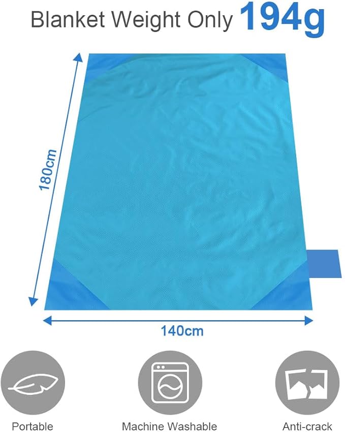 Picnic Blanket, Mini Pocket Beach Mat 55.1 x 70.8IN (3-5 People) Foldable, Lightweight Waterproof Sand Free, Foldable Thin Ground Sheet for Outdoor Camping Hiking Travel - with Hand Strap