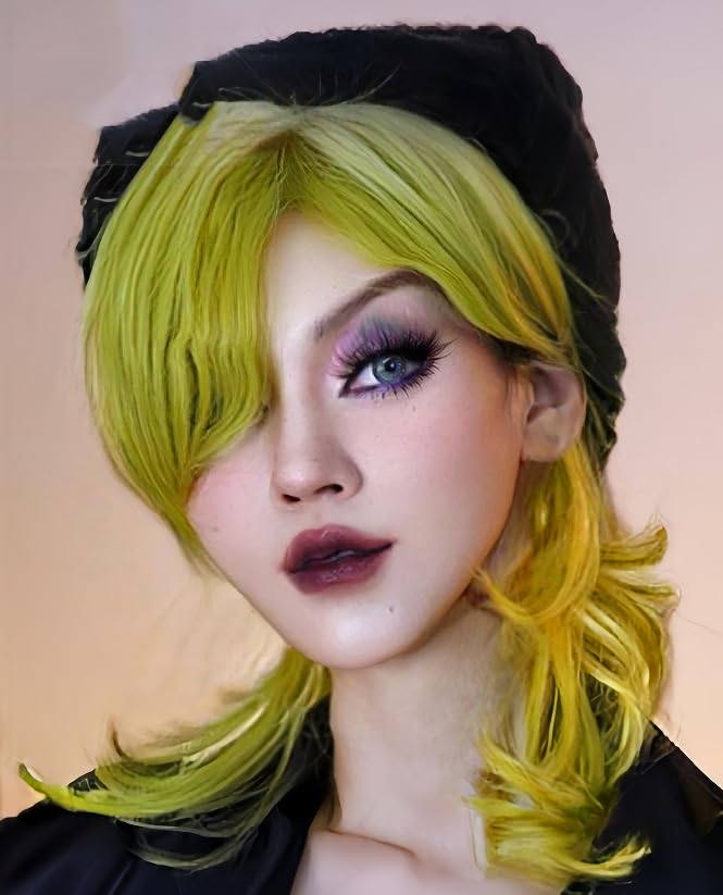 Amnenl Green Wigs for Women Side Part Shoulder Length Wig with Bangs Synthetaic Heat Resistant Cosplay Costume Hair Wig