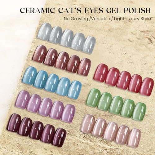 MIZHSE Cat Eye Gel Nail Polish, 8 Colors Ceramic Magnetic Gel Polish Set with Magnet Stick, Glass Effect Crystal Shimmery Silver Brown Green Purple Colors Soak Off Nail Art Salon Home Gift for Women