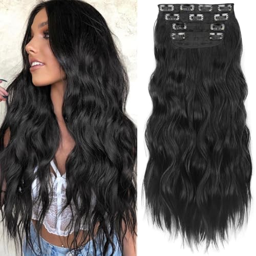KooKaStyle Clip in Synthetic Hair Extensions Long Wavy 4PCS Thick Hairpieces Black Fiber Double Weft Natural Hair Extensions 24 Inch for Women