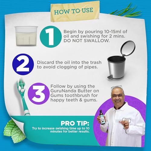 GuruNanda CocoMint Oil Pulling Mouthwash for Complete Oral Hygiene, 7 Essential Oils & Vitamins for Happy Teeth & Gums & Fresh Breath , Alcohol-Free, 8 oz