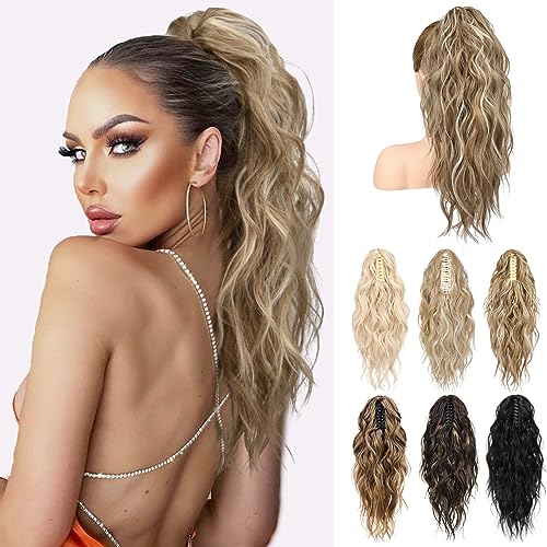 LONAI Ponytail Extension, 18" Wavy Claw Clip Ponytail Extensions Shoulder Length Curly Wavy Claw Clip in Pony tail Hair Extensions Pony tails Hairpieces-Dark Blonde with Blonde Highlights