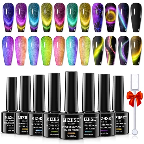 MIZHSE 8 Colors 9D Cat Eye Gel Nail Polish, Upgraded Magnetic Gel Polish Kit with Magnet Stick, Galaxy Chameleon Effect Silky Cat Eye Nail Polish Soak Off Nail Art Salon Manicure Home Ladies Gift