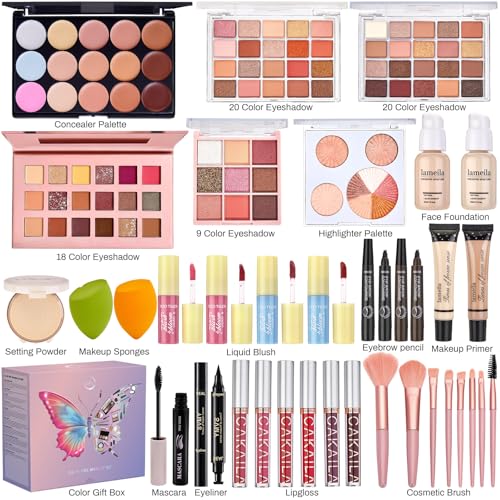All in One Makeup Kit, Make Up Gift Set for Women, Makeup Kit for Women Full Kit, Includes Foundation Face Primer Eyeshadow Concealer Liquid Blush Lipgloss Eyeliner Mascara Cosmetic Brushes Set