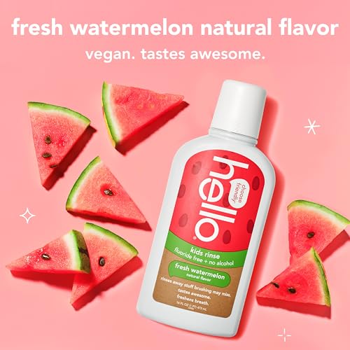 Hello Natural Watermelon Flavor Kids Fluoride Free Rinse, Alcohol Free, Vegan, SLS Free, Mouthwash for Kids Age 6 and Up, 16 Fl Oz (Pack of 3)