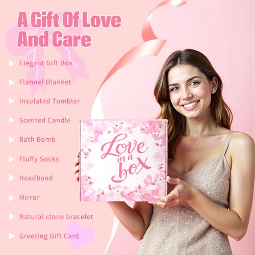 Birthday Gifts for Women, Gift Basket for Mom Wife Sister Her Friends, Luxury Self Care Spa Set with Blanket, Thank You Get Well Soon Holiday Gifts Box for Mother Valentine Day (Pink)