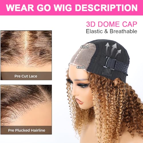 14 Inch Highlight Blonde Wear and Go Glueless Curly Bob Wig Human Hair Pre Plucked, Glueless Pre cut HD Lace Front Wigs Human Hair,Water Wave No Glue wigs, Natural Hairline for Women 200% Density