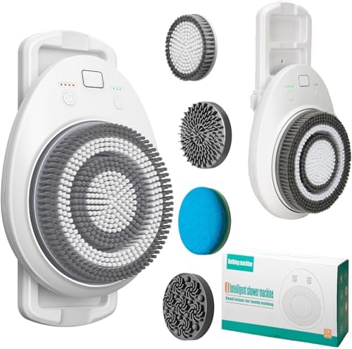 7'' Large Shower Back Scrubber Wall Mounted, 3 Speed Adjustment Electric Body Scrubber for Shower with 4 Replaceable Heads, 360 Degree Automatic Rota Tion Electric Shower Brush