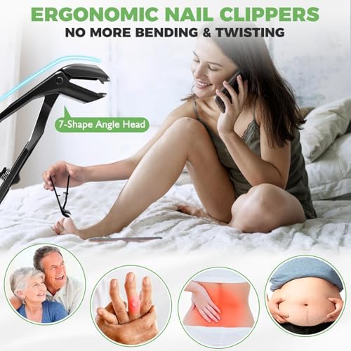Toenail Clippers for Seniors Thick Toenails, Angled Head Large Toe Nail Clippers for Thick Nails for Men, 360° Rotating Nail Clippers with Long Hande, Heavy Duty Fingernail Clippers with Wide Opening