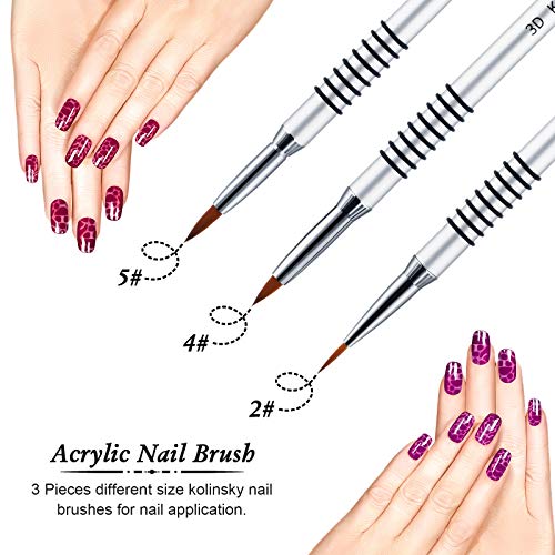 Patelai 3 Pcs Kolinsky 3D Nail Art Brush Set Size 2/4/5 Acrylic Nail Art Brush with Silver Metal Nonslip Grip Handle Polish Cleaning Manicure Tools for Women Acrylic Sculpture Application