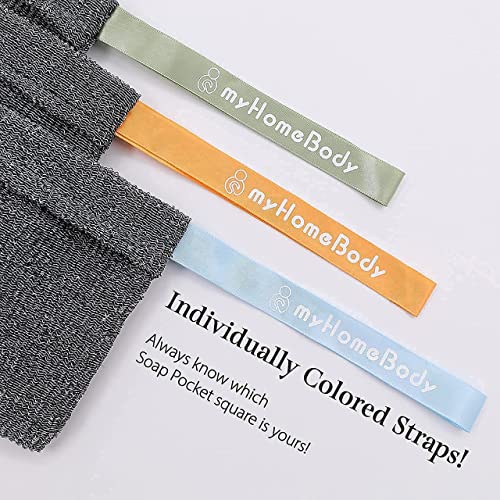 myHomeBody Soap Pocket Squares Exfoliating Pouch, Body Scrubber, Exfoliator Sponge for Bath or Shower, or Leftover Bits Saver, Graphite Gray, 3 Pack + 2 Lift Pads