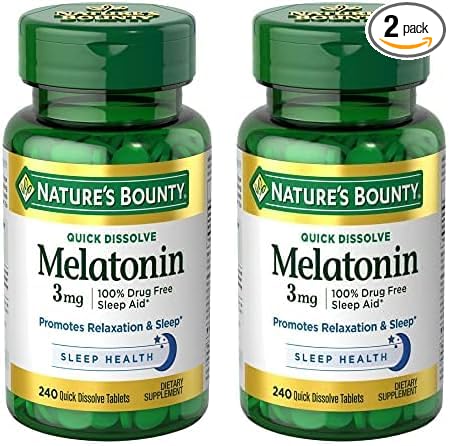 Nature's Bounty Melatonin 3mg, 100% Drug Free Sleep Aids for Adults, Supports Relaxation and Sleep, Dietary Supplement, 240 Count (Pack of 2)