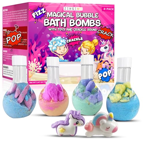 Kids Bath Bombs Powder with 12 Mini Unicorn Toys Inside – Bubble Potions for Kids with Natural Essential Oils – Bubble Bath Magic Science Kit - Blast of Fizzy Foamy & Eruption Colors – Gift Set of 4