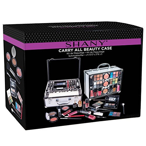 SHANY Carry All Trunk Makeup Train Case with Re-usable Aluminum Beauty Storage Organizer Case. Make up Set with Eye palettes, Blushes,Face Powders, Manicure, Pedicure and Cosmetics Brushes.