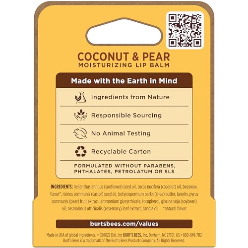 Burt's Bees Coconut and Pear Lip Balm, Lip Moisturizer With Responsibly Sourced Beeswax, Tint-Free, Natural Conditioning Lip Treatment, 1 Tube, 0.15 oz.