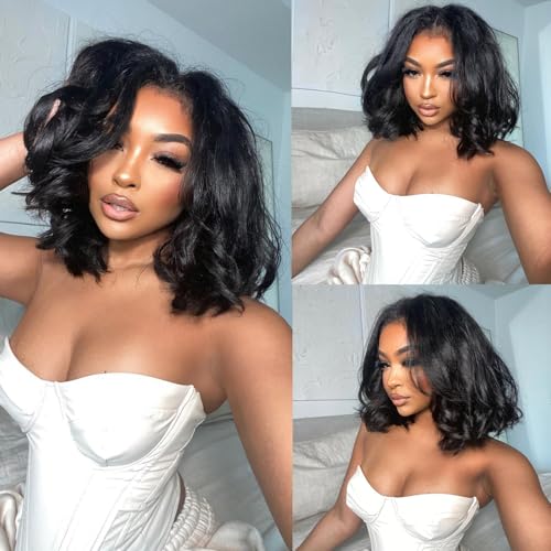 Bob Wig Human Hair 13x4 Frontal Lace Wig 14 Inch Body Wave 180% Density HD Transparent Lace Front Wigs Human Hair Wigs for Black Women Pre Plucked Natural Black