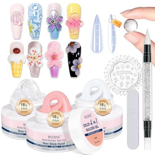 MIZHSE Solid Builder Gel for Nails: 4-in-1 3 Colors Hard Gel for Nails 3D Nail Art for Sculpting with Dual Forms Silicone Pen Soak Off U V LED Manicure Salon DIY Gift