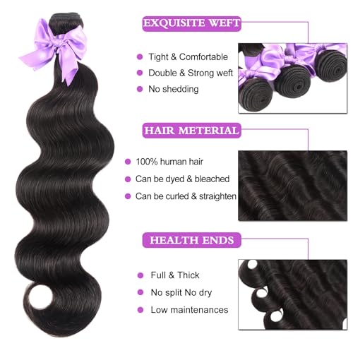 Body Wave Bundles Human Hair 18 20 22 24 Inch 4 Bundles Natural Black Brazilian Virgin Hair Weave 10A Grade 100% Unprocessed Real Human Hair Extensions for Women