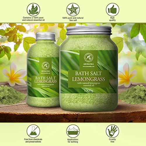 Bath Salts w/Natural Essential Lemongrass Oil 46 Oz (1300g) - Sea Salt Bath for Good Sleep - Bathing - Body Care - Wellness - Beauty - Relaxation - Aromatherapy - Spa - Bath Supplement