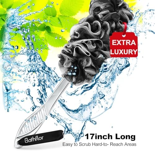 Loofah Sponge Exfoliating Body Scrubber: 4PCS Extra Large 80g Shower Loofahs Poufs, 1PCS Long Handle Loofa Back Scrubber, 1PCS Luffa Hook, Charcoal Loofah Pack for Women Men Bath Wash, Black