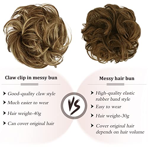 RUWISS Claw Clip Messy Bun Hair Piece Real Human Hair Buns Wavy Curly Chignon Hair Bun Extensions Tousled Updo Hair Buns Claw Clip Ponytail Hairpieces - Brown with Blonde Highlights