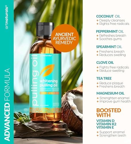 artnaturals Coconut Oil Pulling (8oz) Tongue Scraper & Toothbrush Set - Alcohol-Free Mouthwash - Infused with Magnesium & Peppermint for Teeth Whitening & Fresh, Healthy Breath and Gums