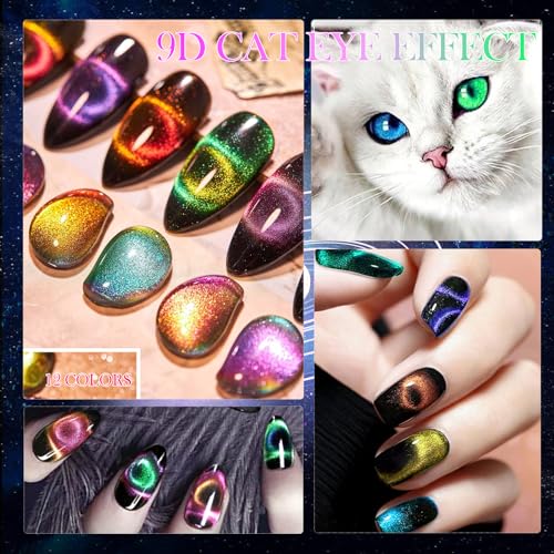9D Cat Eye Gel Nail Polish Set 12 Colors, Cat Eye Gel Polish with Magnet, Magnetic Cateye Chameleon Galaxy Effects Professional Use for Salon